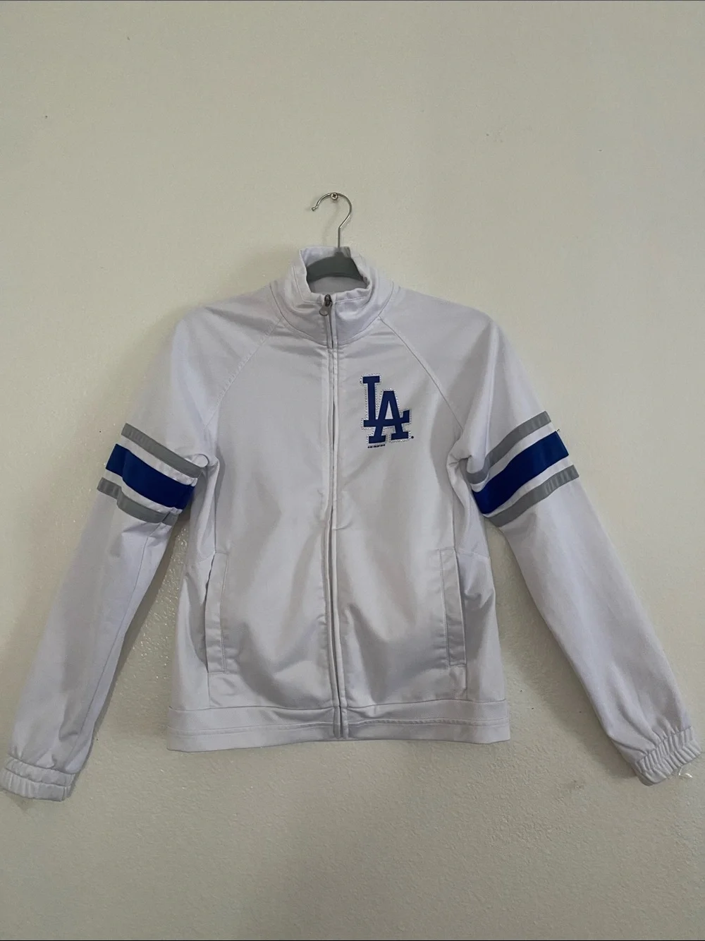 LOS ANGELES DOCKERS Logo White Varsity Jacket with Blue & Gray Stripes. Size XS